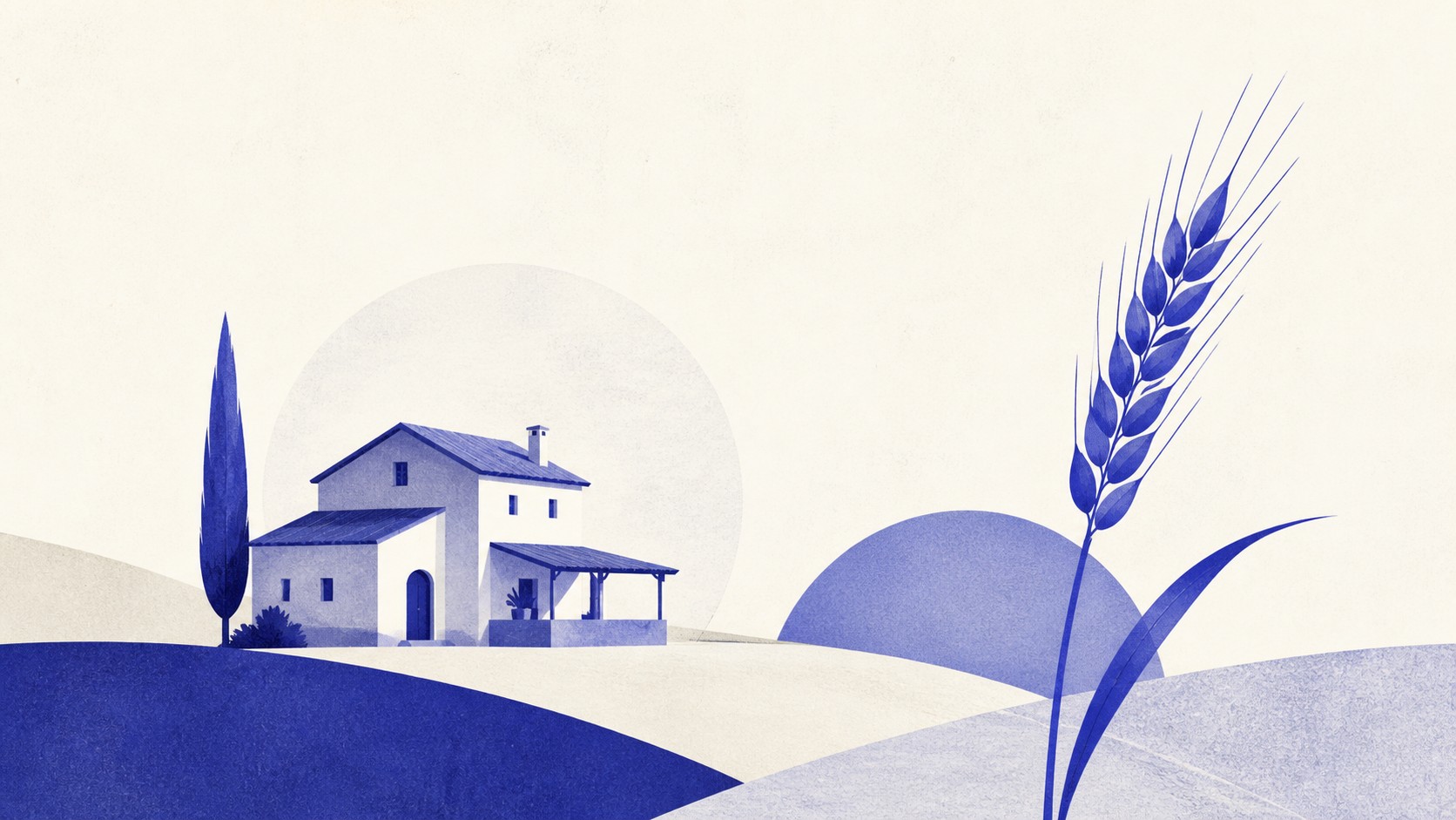 Illustrazione: casa di campagna e spiga di grano in composizione calda e minimalista