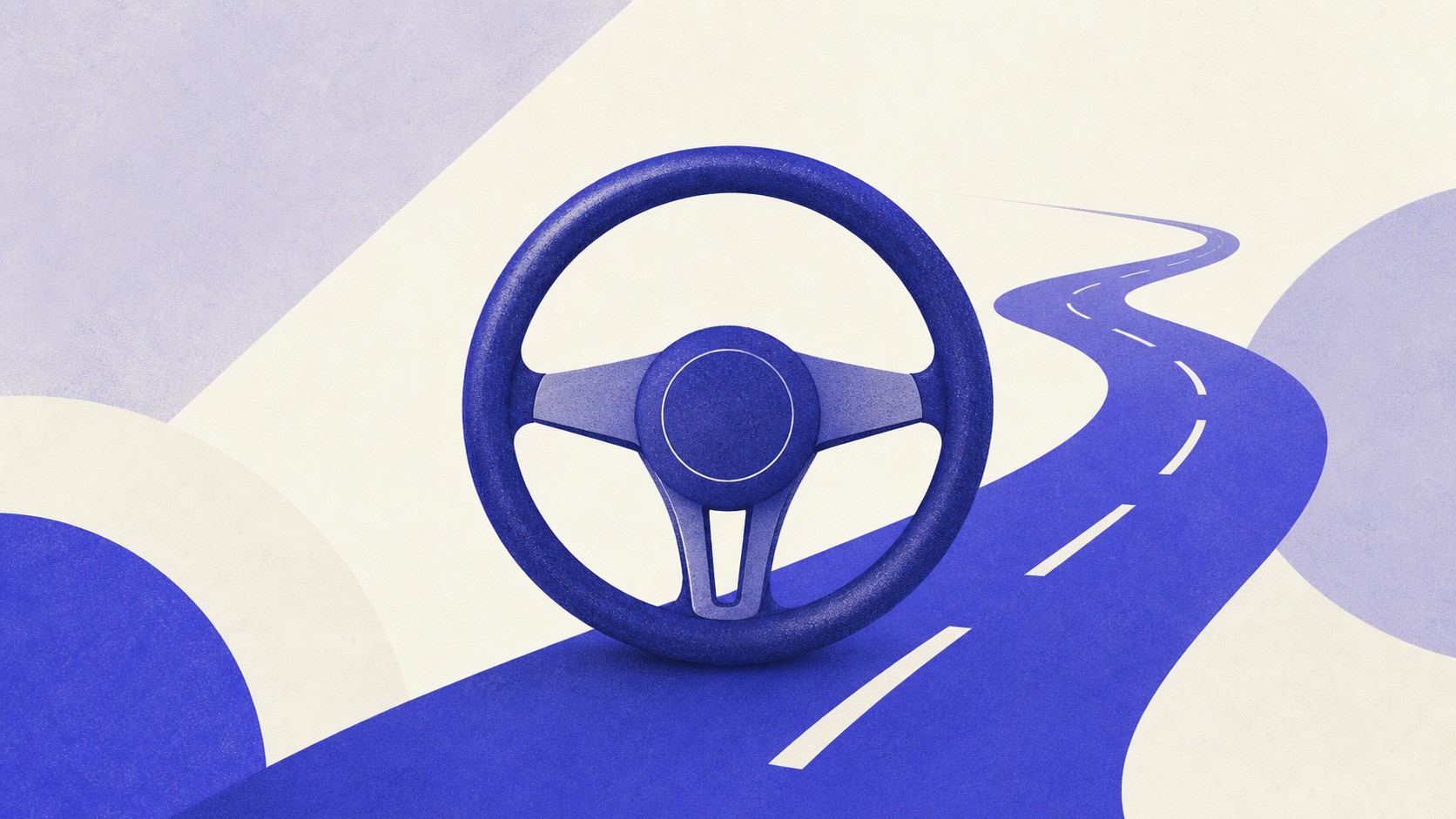 Illustrazione: volante e linea di strada in composizione minimalista