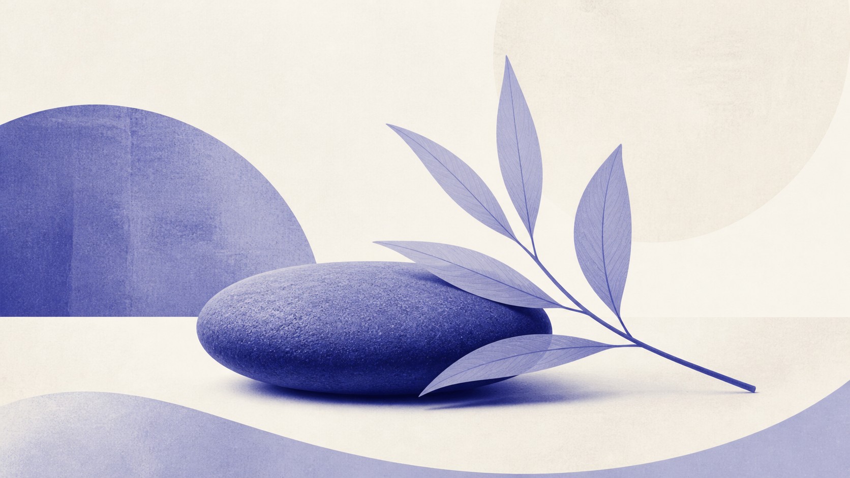 Illustrazione: pietra da spa e foglia in una composizione calma e minimalista