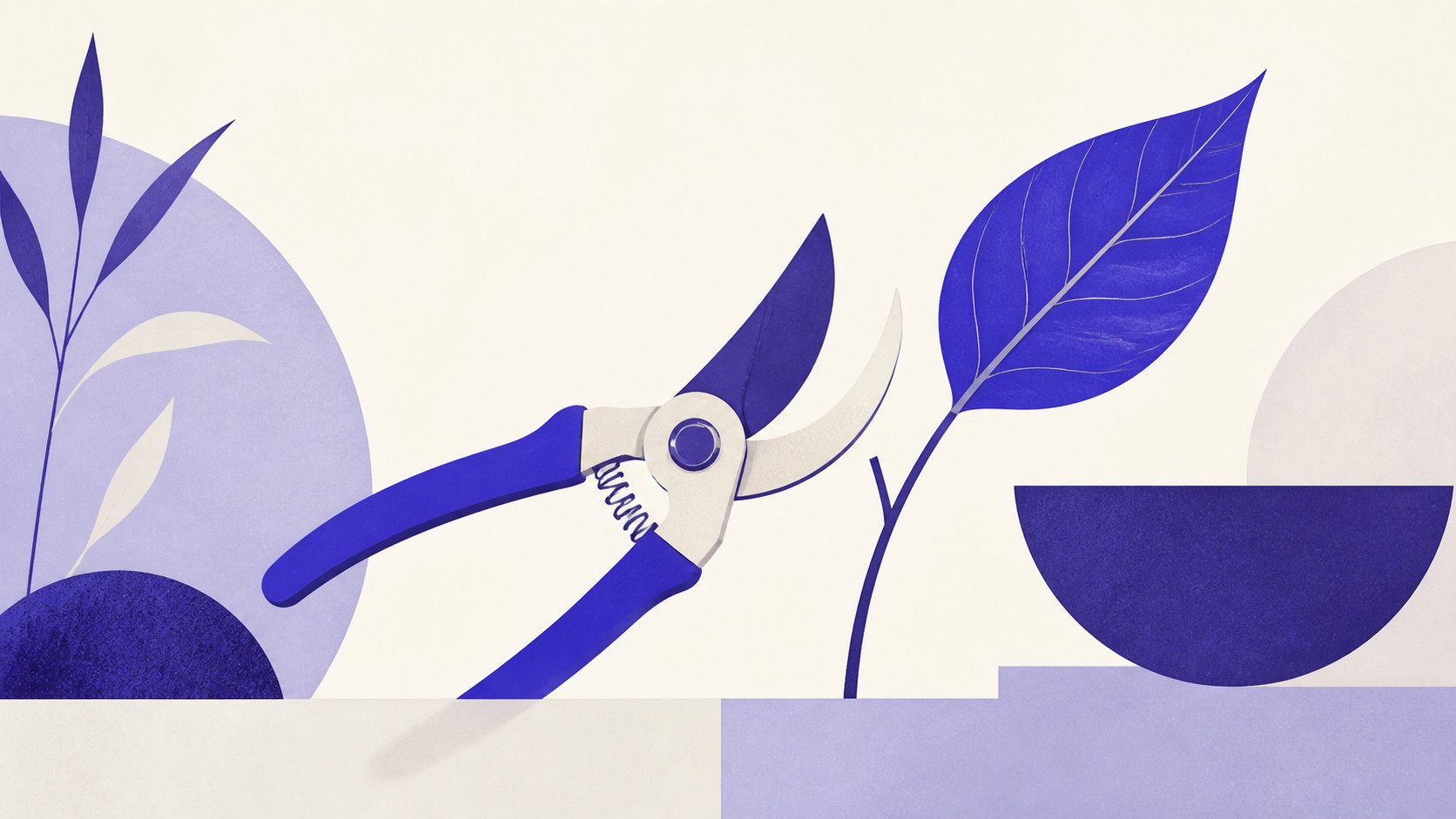 Illustrazione: cesoie da potatura e foglia in composizione da giardino minimalista