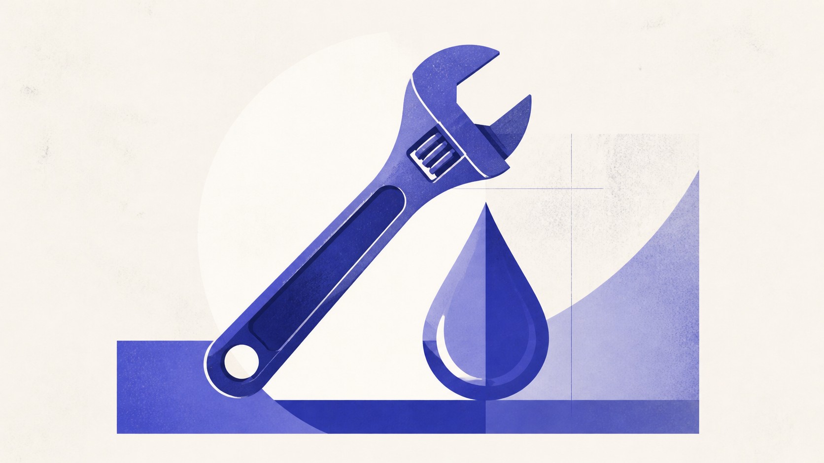 Illustrazione: chiave inglese e goccia d'acqua stilizzate accanto a un telefono con chiamata in corso