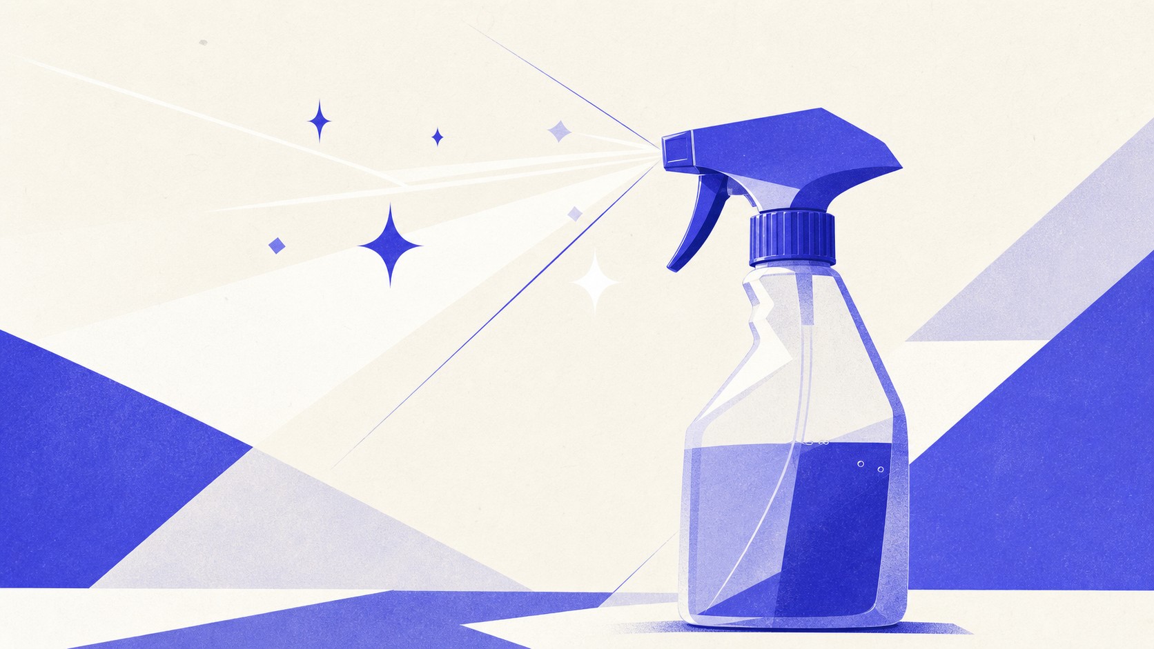 Illustrazione: flacone spray e linee di pulito in composizione minimalista