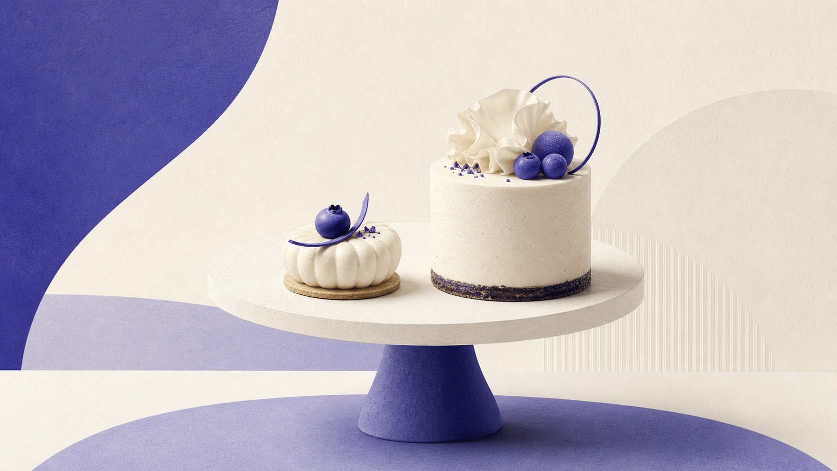 Illustrazione: torta decorata e piccola pasticceria su un espositore minimalista