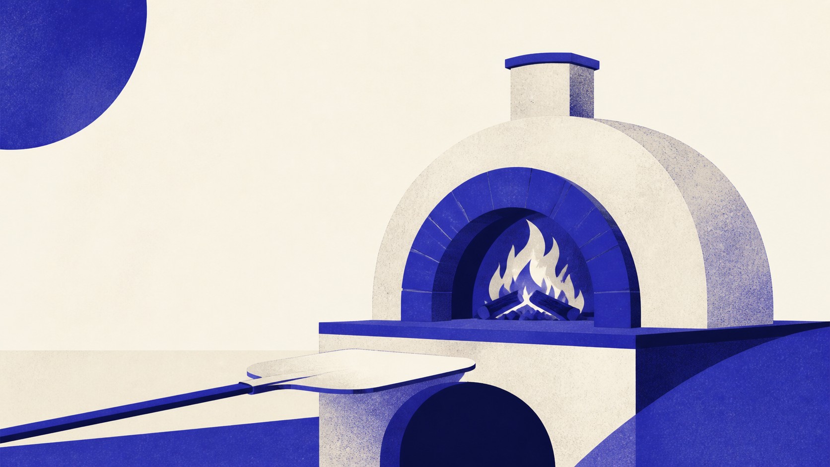 Illustrazione: forno a legna e pala per pizza in una composizione minimalista