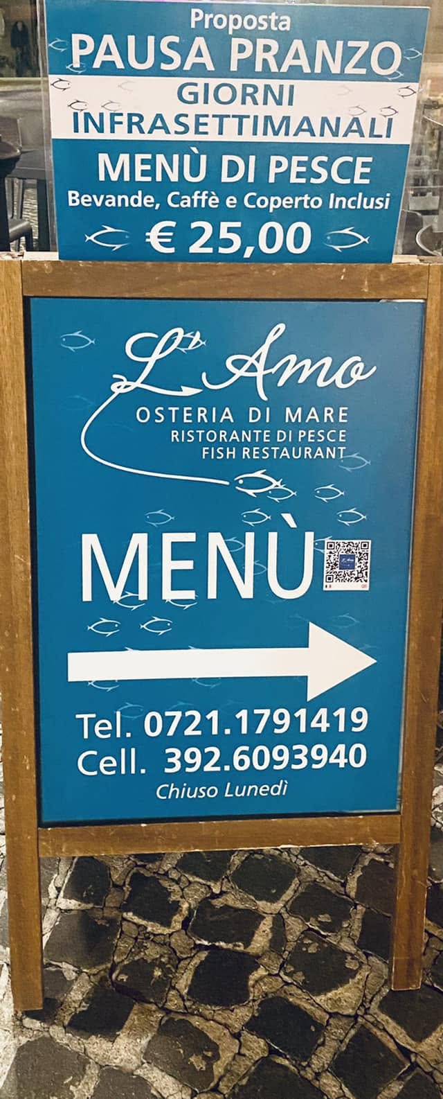 L'insegna menù di L'Amo Osteria di Mare