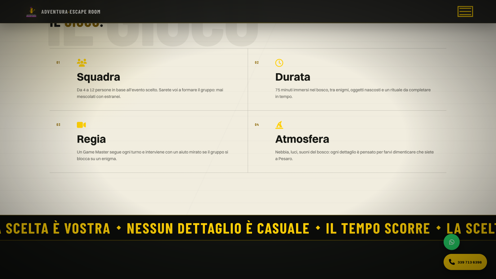 Sezione Il gioco di Adventura con titoli in ombra e fascia animata