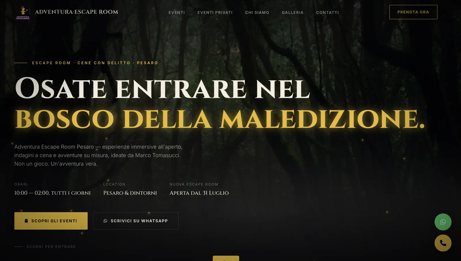 Homepage reale del sito Adventura Escape Room