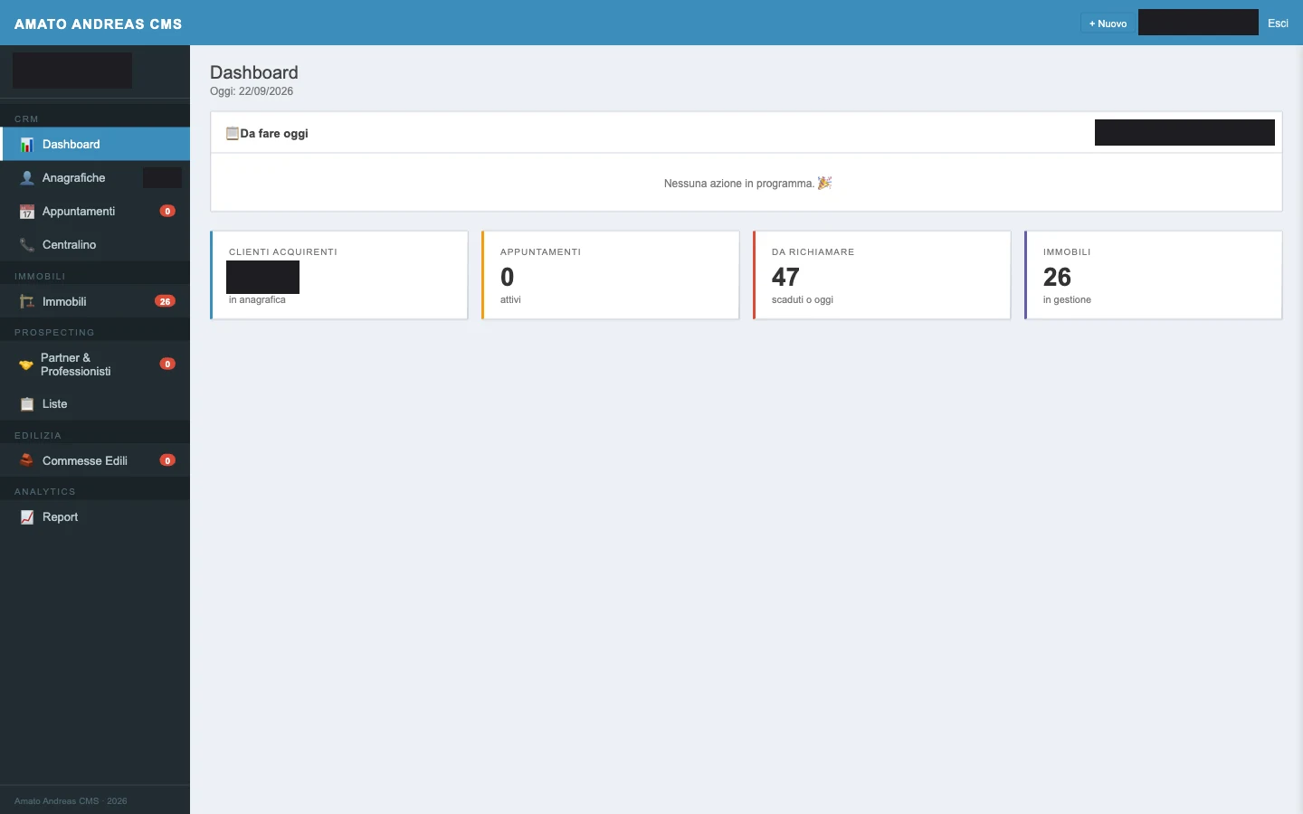 Dashboard del gestionale Amato Andreas con clienti, appuntamenti e immobili in gestione