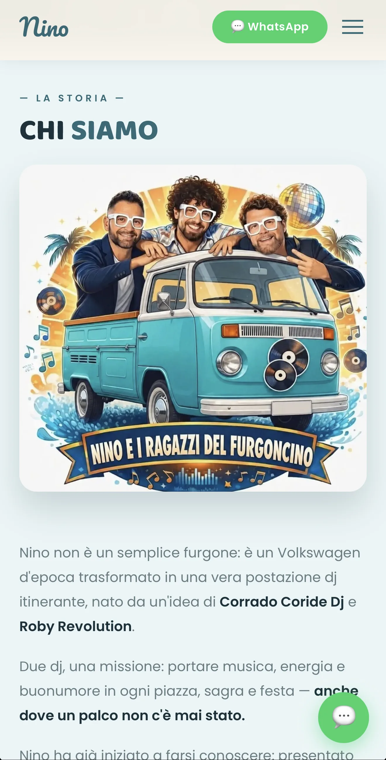 Homepage reale del sito Nino il Furgoncino, vista mobile
