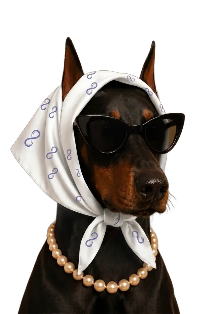 Dobermann elegante con foulard e perle Universe