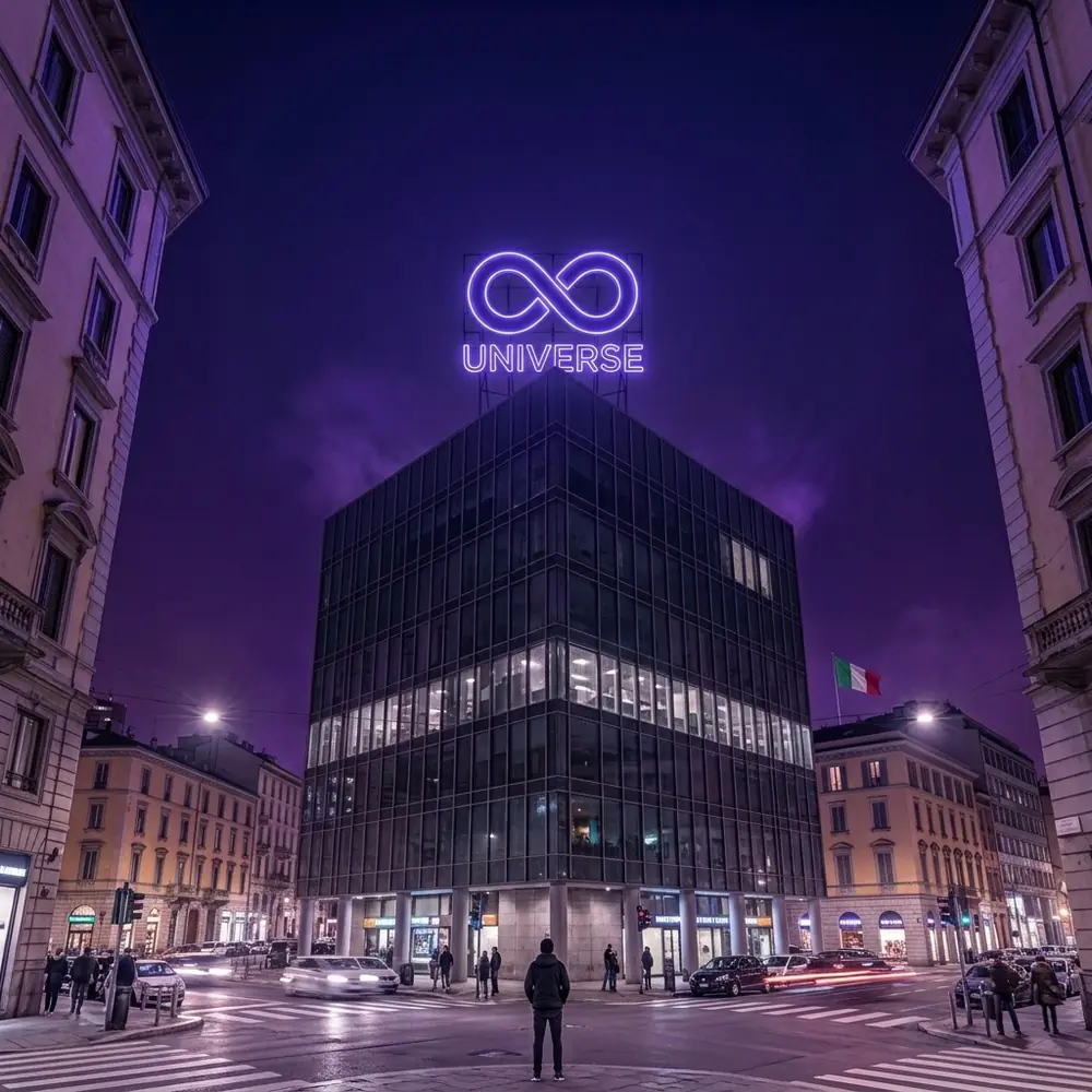 Insegna al neon Universe sopra i tetti della città