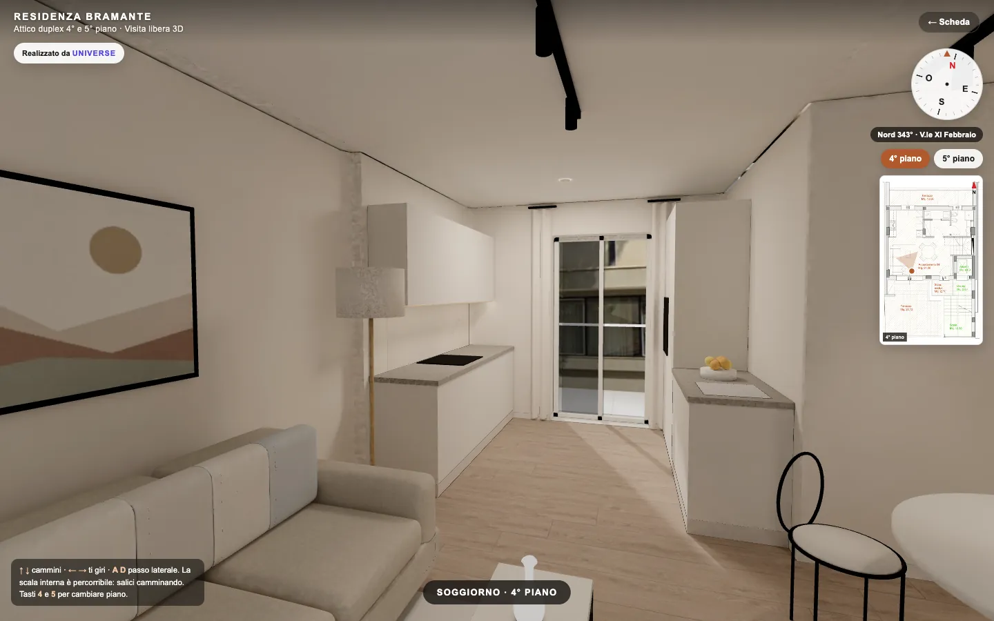 Soggiorno dell'attico duplex nel virtual tour 3D di Residenza Bramante