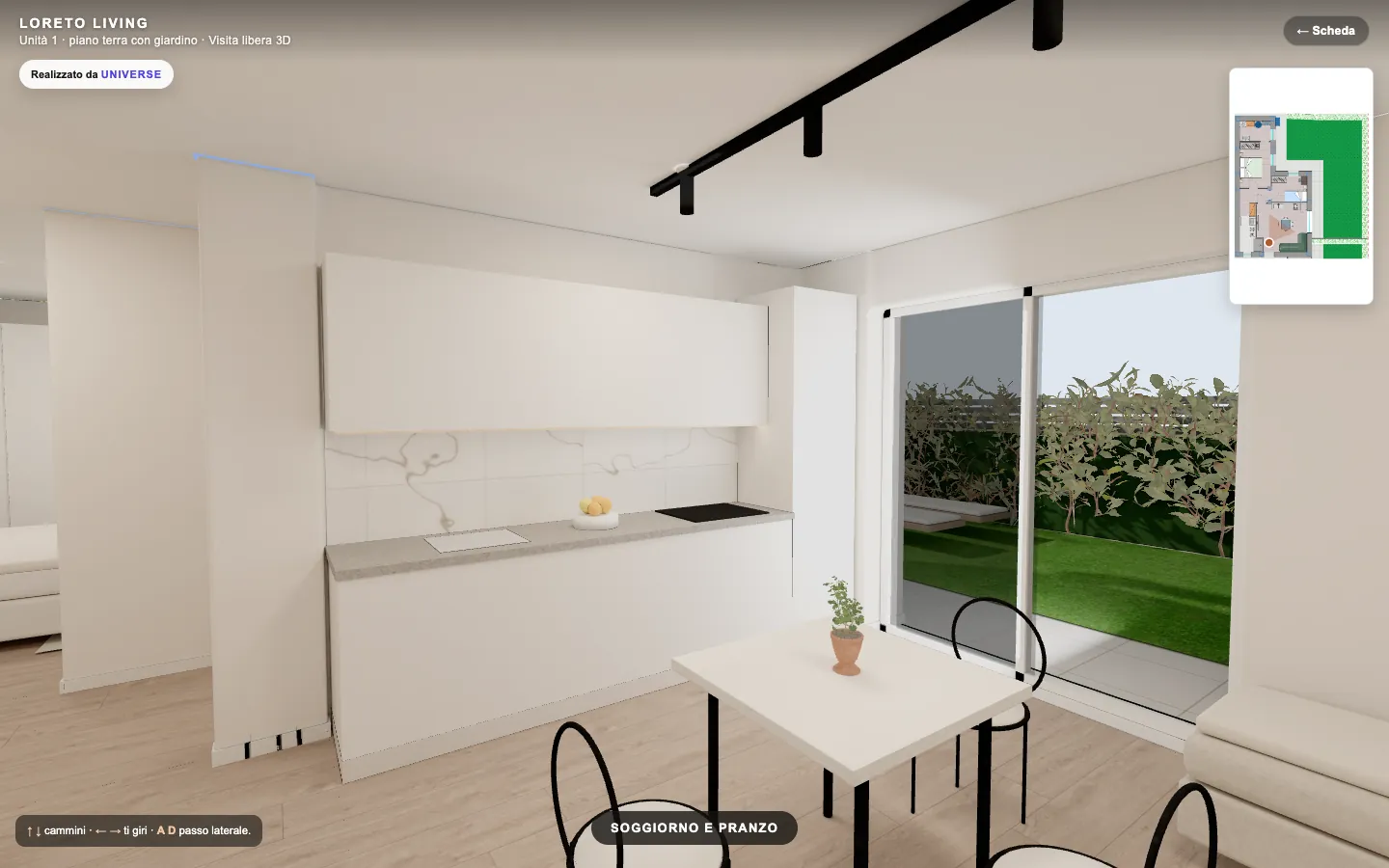 Cucina e portafinestra sul giardino nel virtual tour 3D di Loreto Living, unità 1