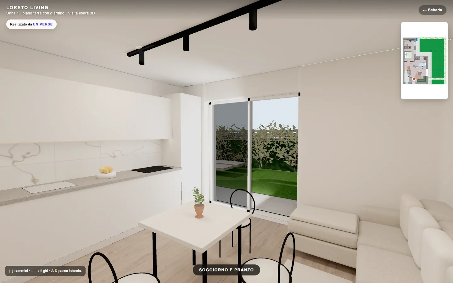 Soggiorno e pranzo nel virtual tour 3D di Loreto Living, unità 1