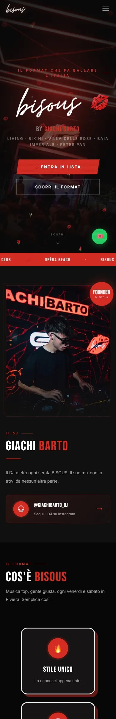 Anteprima mobile del sito Bisous, format nightlife della Riviera Romagnola, realizzato da Universe