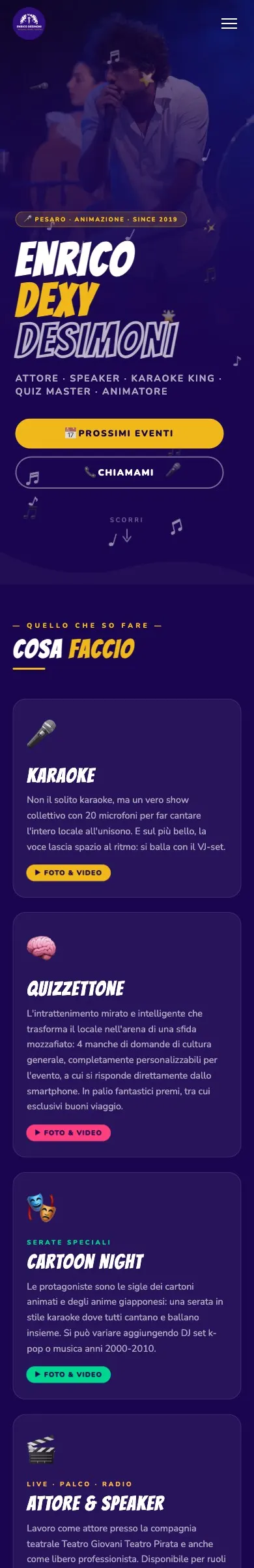 Anteprima mobile del sito di Enrico Desimoni, karaoke host e quiz master di Pesaro, realizzato da Universe